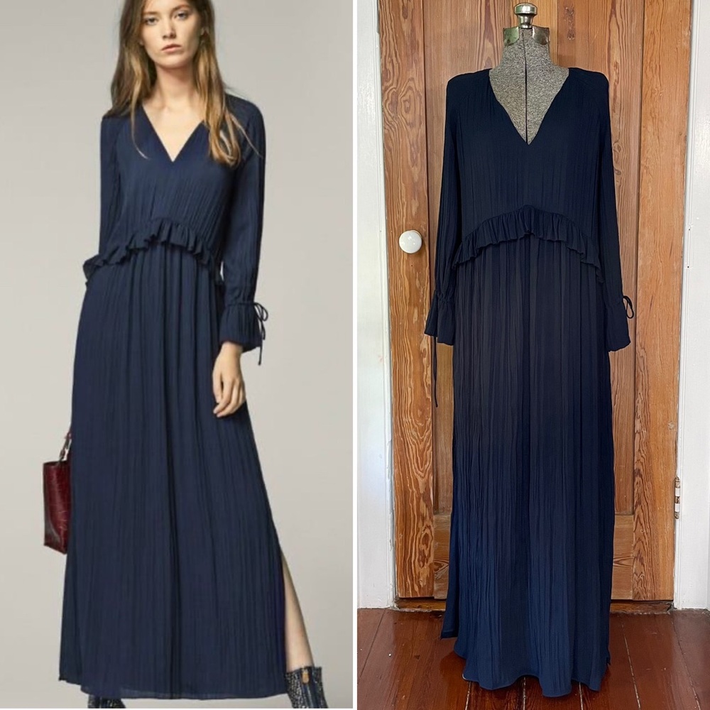 𝅺Massimo Dutti Nay Plisse Crepe Navy Long Tie Sleeve Maxi Ruffle Dress Sz M